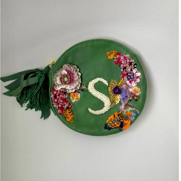 Anna Harlow Russo Anthropologie Beaded Embroidered Pouch Letter S - Picture 1 of 4